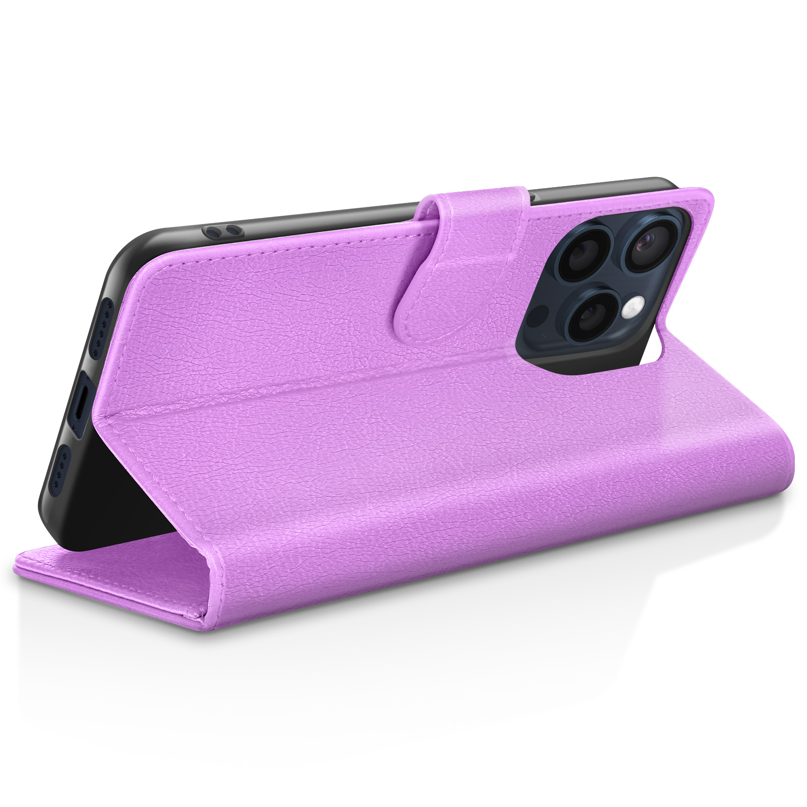 Een paarse telefoonhoes met een telefoon erin wordt getoond, de hoes is open.