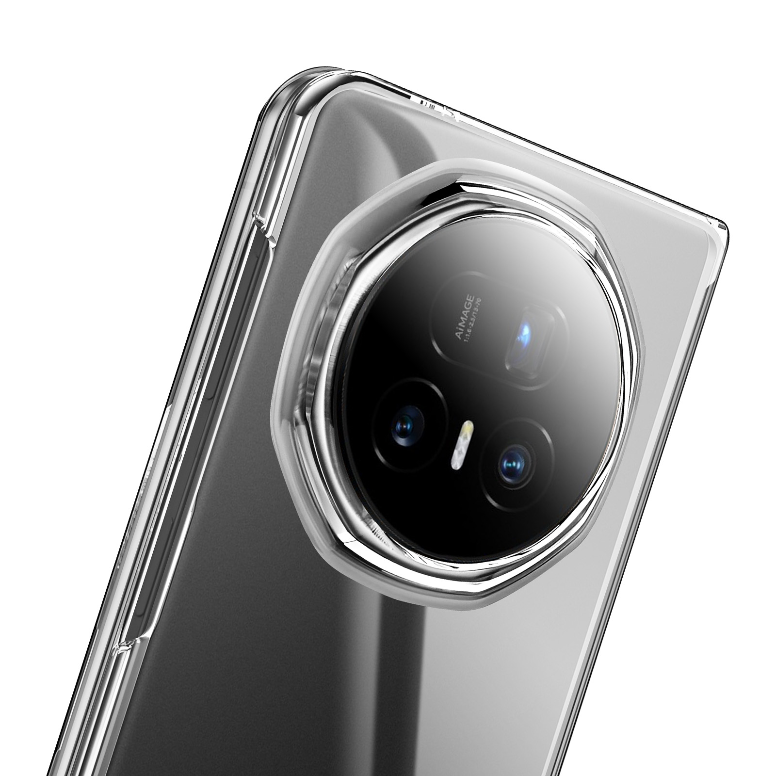 Gros plan d'un téléphone. Un étui transparent entoure les lentilles de la caméra. Détails incluent les lentilles et les spécifications.