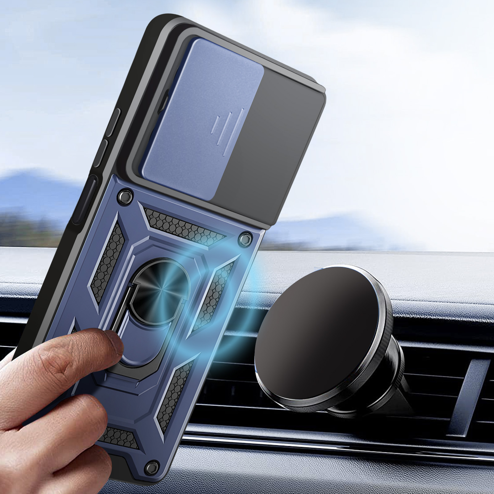 Eine Handyhülle mit blauem Cover, gehalten in der Nähe einer Autolüftung mit Magnet. Eine Hand hält die Hülle.