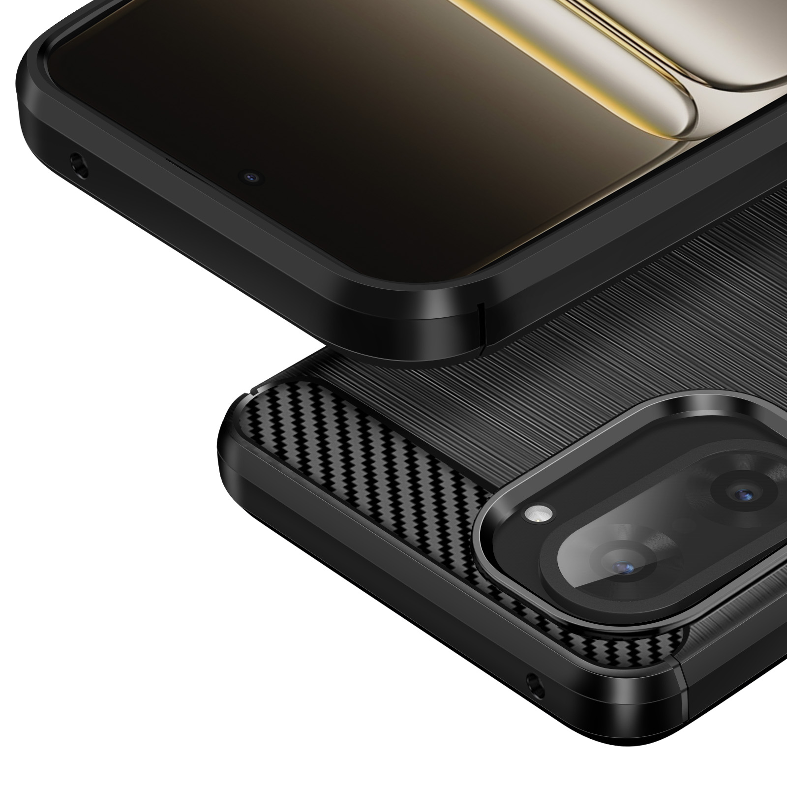 Primo piano di una custodia nera per telefono. La custodia ha una trama in fibra di carbonio e un obiettivo della fotocamera. Lo sfondo è bianco.
