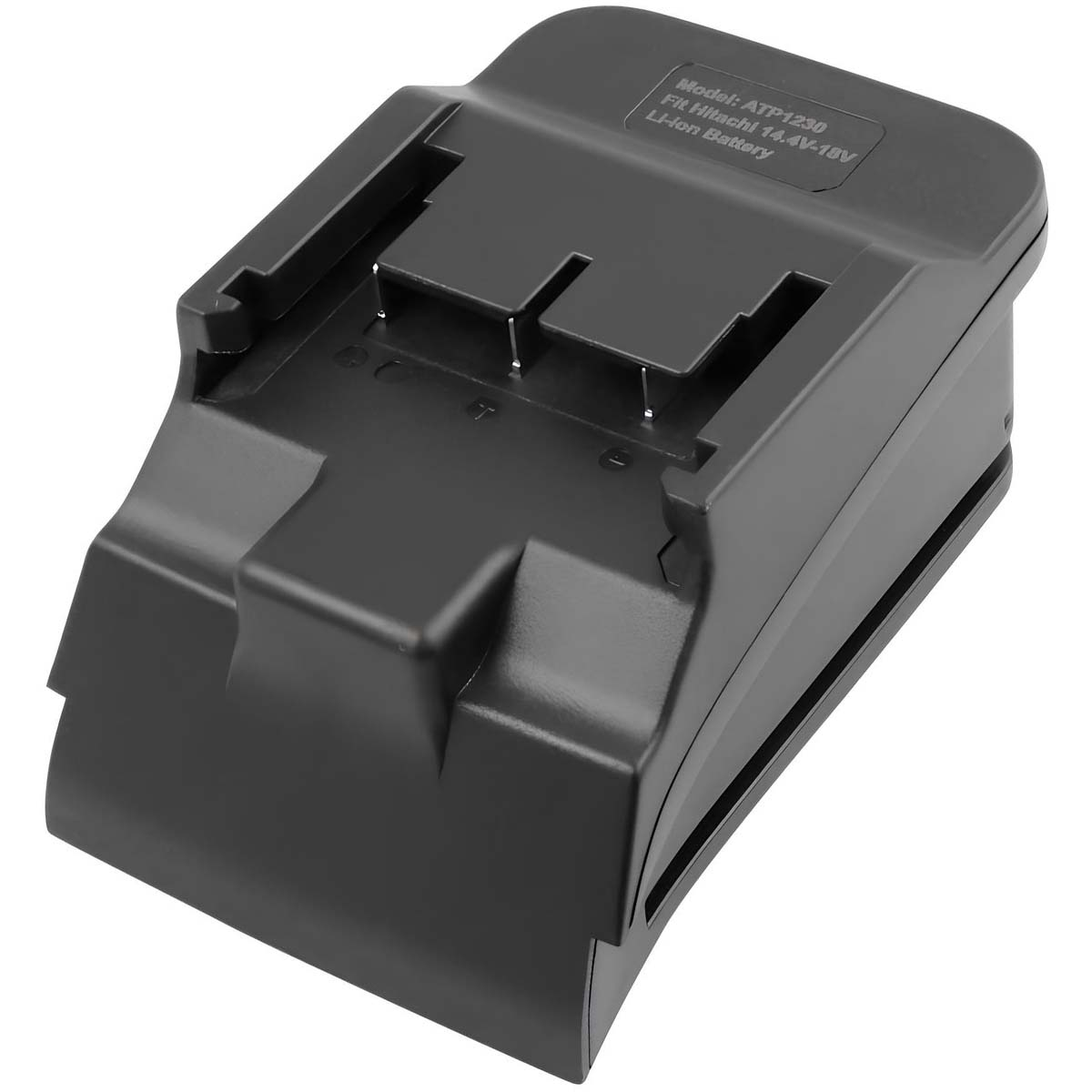 Ein schwarzes Batterieladegerät für Hitachi, Modell ATP1230, mit Text und rechteckiger Form. Es befindet sich auf weißem Hintergrund.