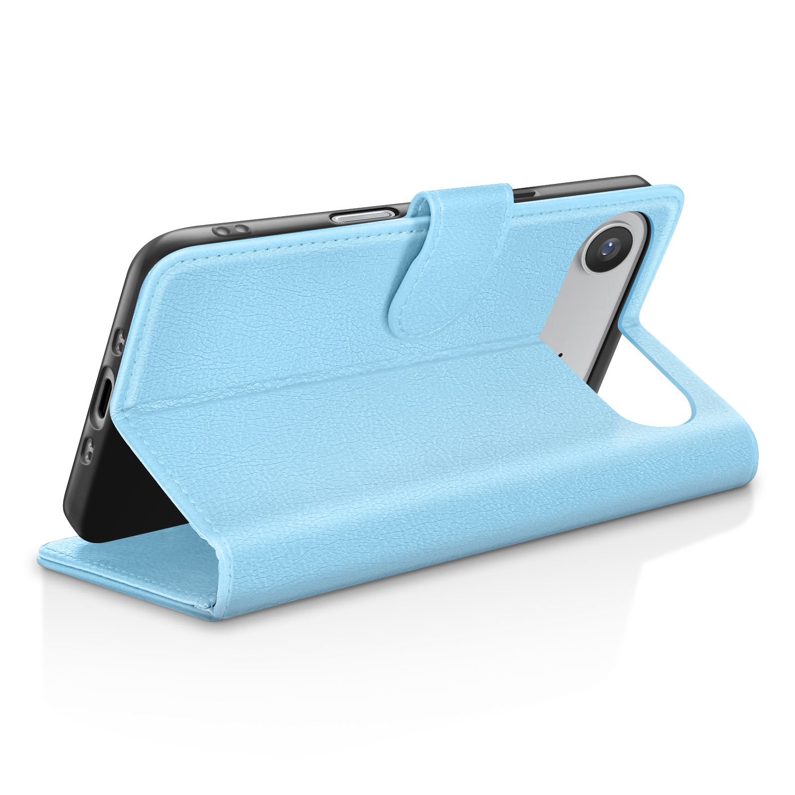 Custodia per telefono azzurra con telefono nero. La custodia è aperta, mostrando fotocamera e schermo.