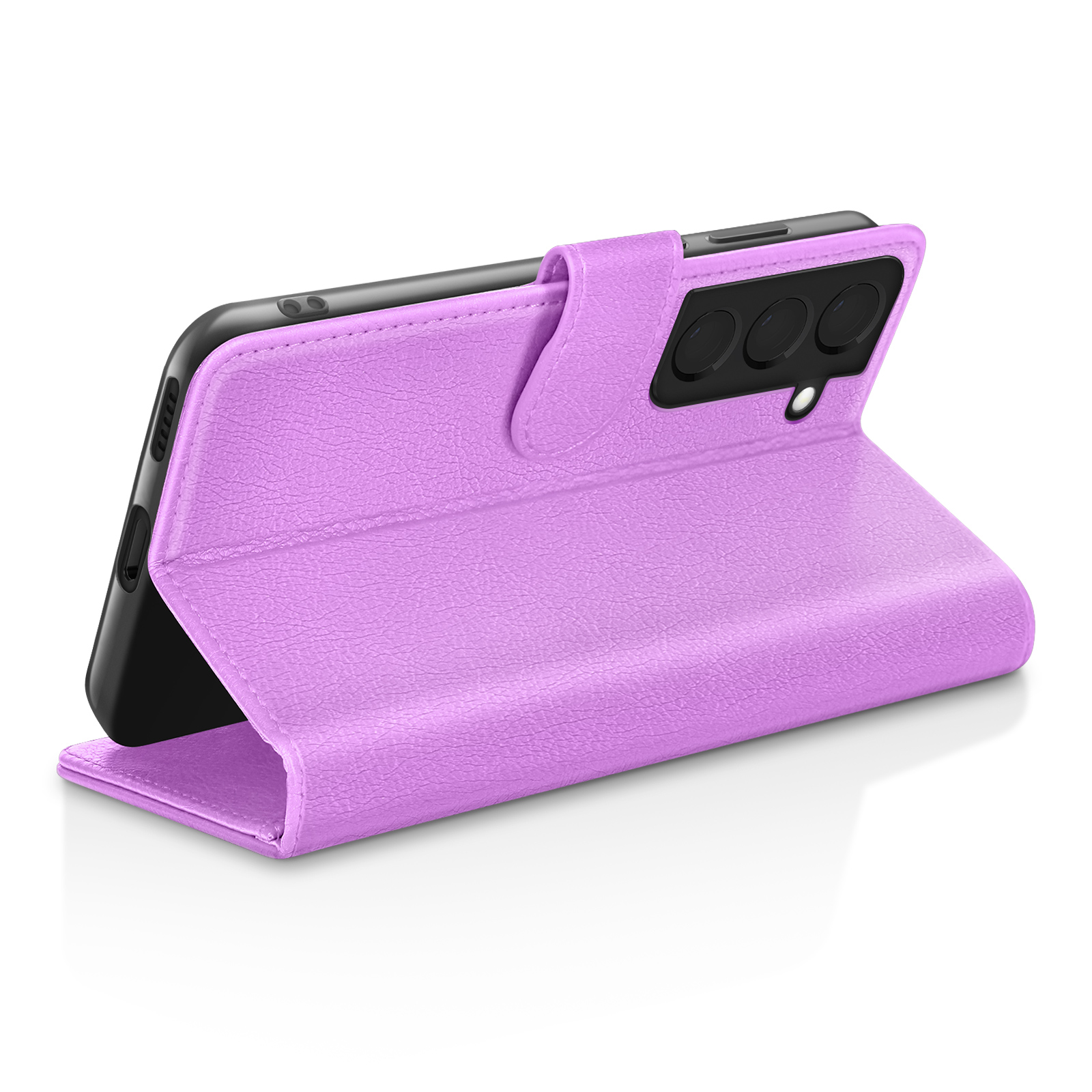 Un étui de téléphone violet est ouvert, montrant un téléphone noir. L'étui est sur fond blanc.