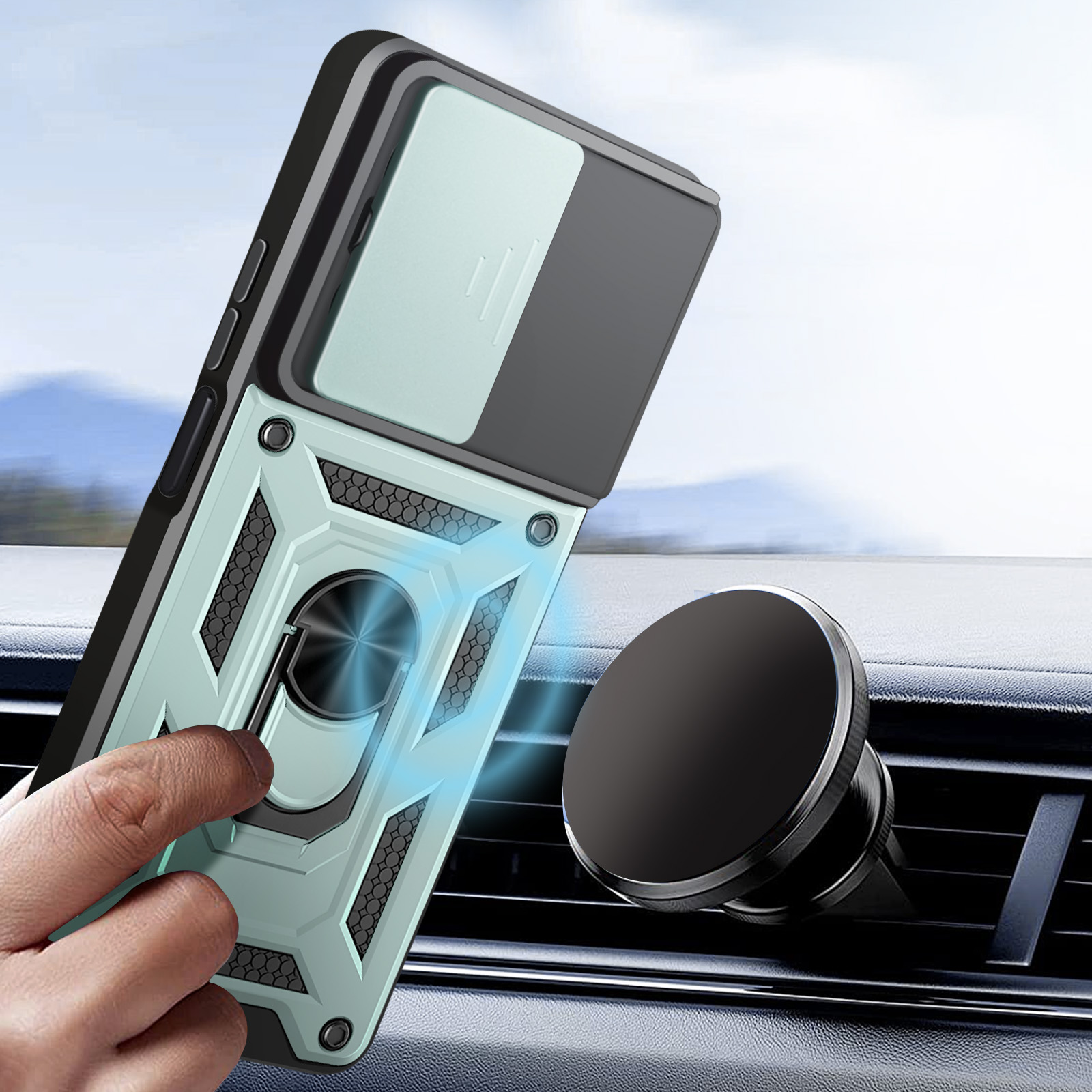 Eine Handyhülle mit Magnetring in einem Auto, in der Nähe einer Lüftung mit Magnetbefestigung.