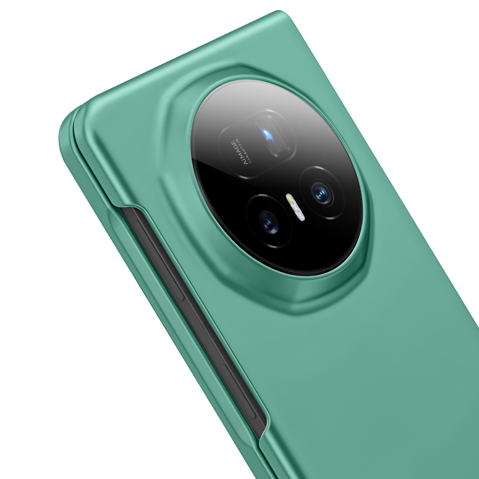 Gros plan sur une coque de téléphone verte avec des objectifs d'appareil photo. La coque a un design élégant.