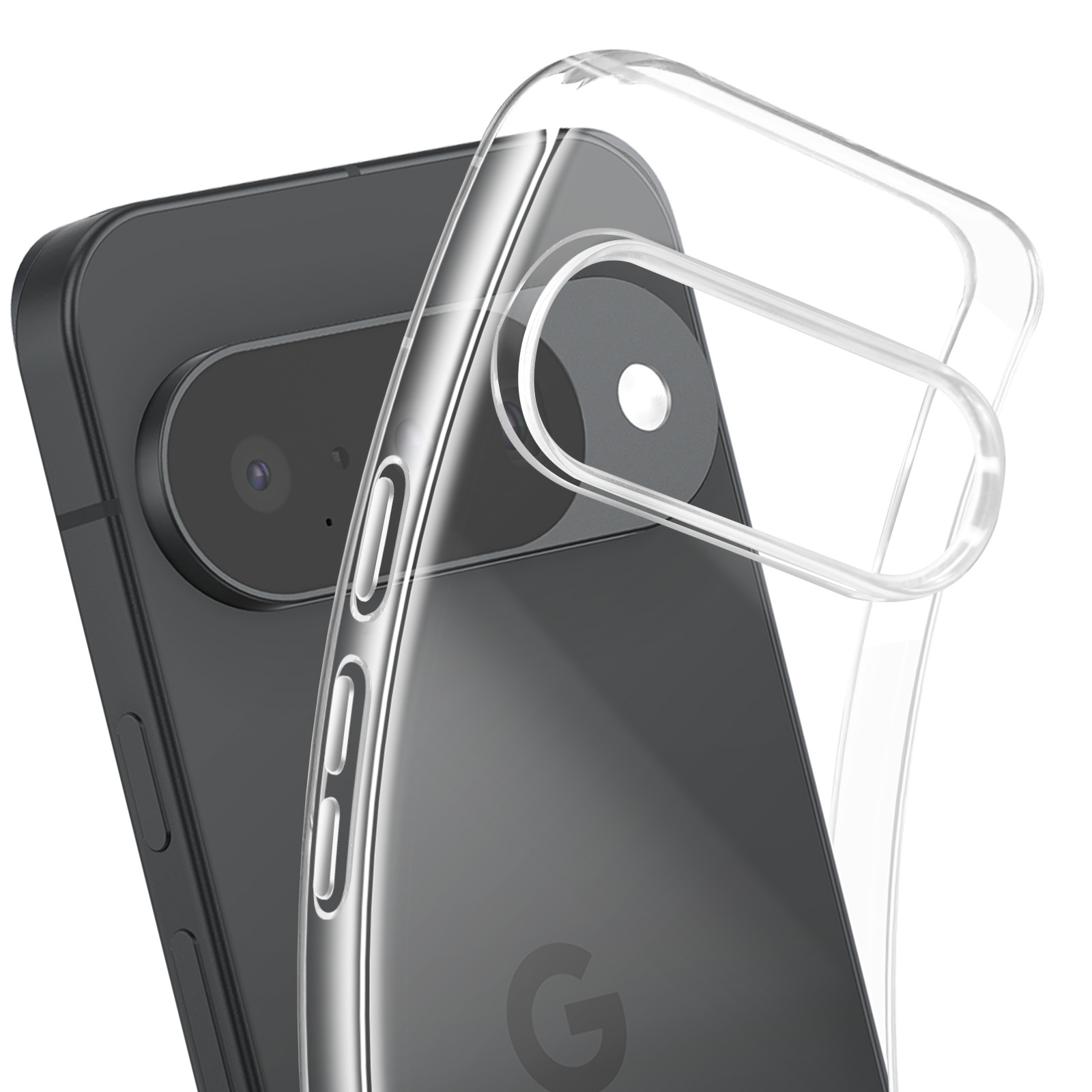 Een doorzichtige telefoonhoes over een zwarte smartphone. De telefoon heeft een camera en een Google logo.