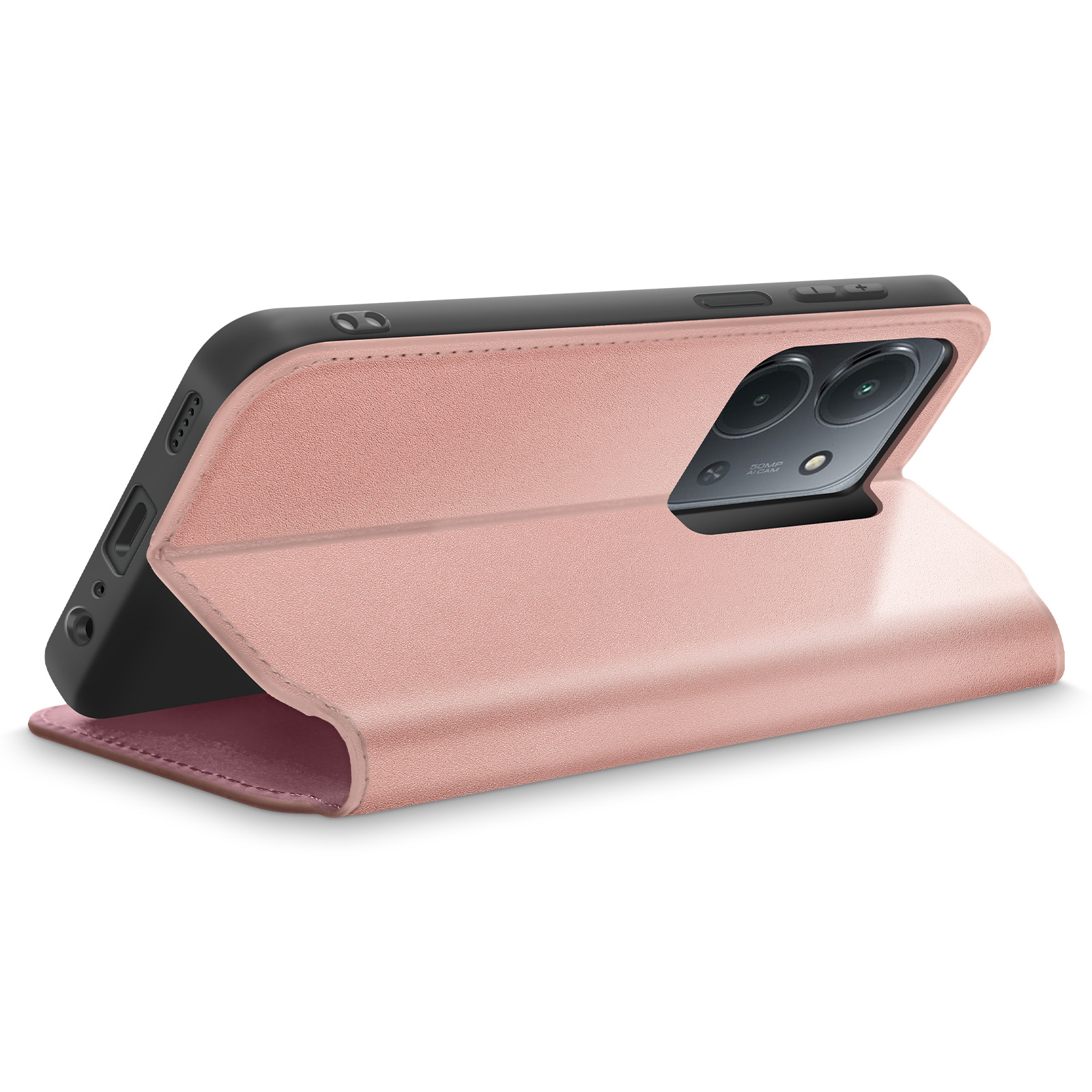 Un étui de téléphone rose est ouvert, montrant le téléphone. Le téléphone a un cadre noir et une caméra. Le fond est blanc.