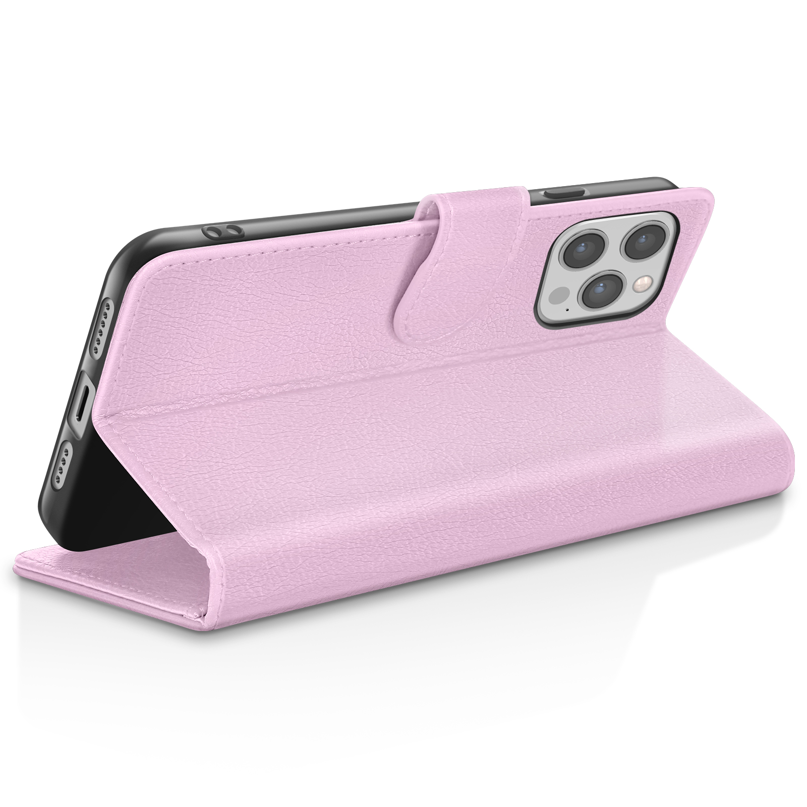Una custodia rosa è aperta, rivelando un telefono nero. La custodia è realizzata in materiale strutturato.