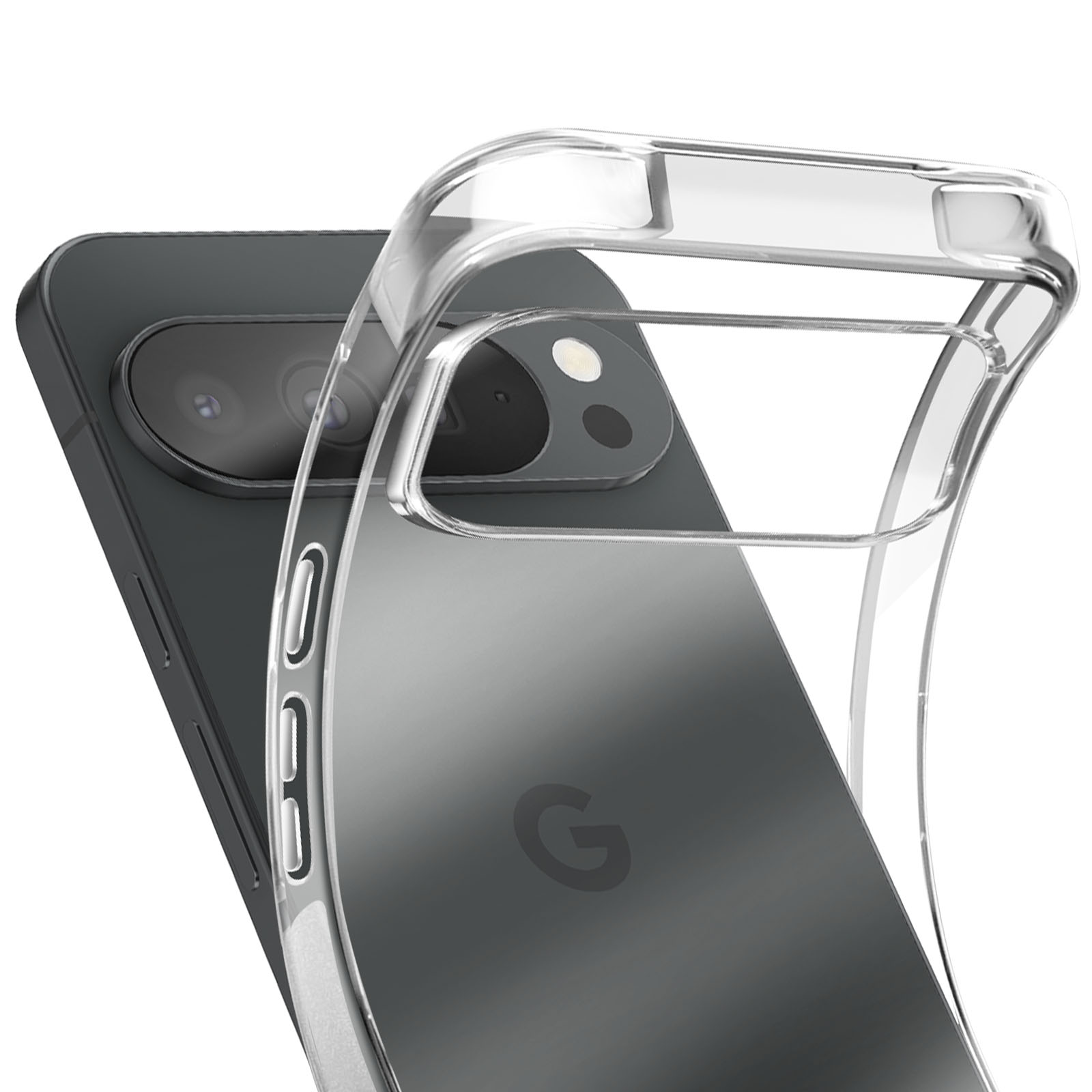 Viene mostrato un telefono grigio con una custodia trasparente. Il telefono ha un rigonfiamento della fotocamera e un logo 'G'. La custodia è trasparente.