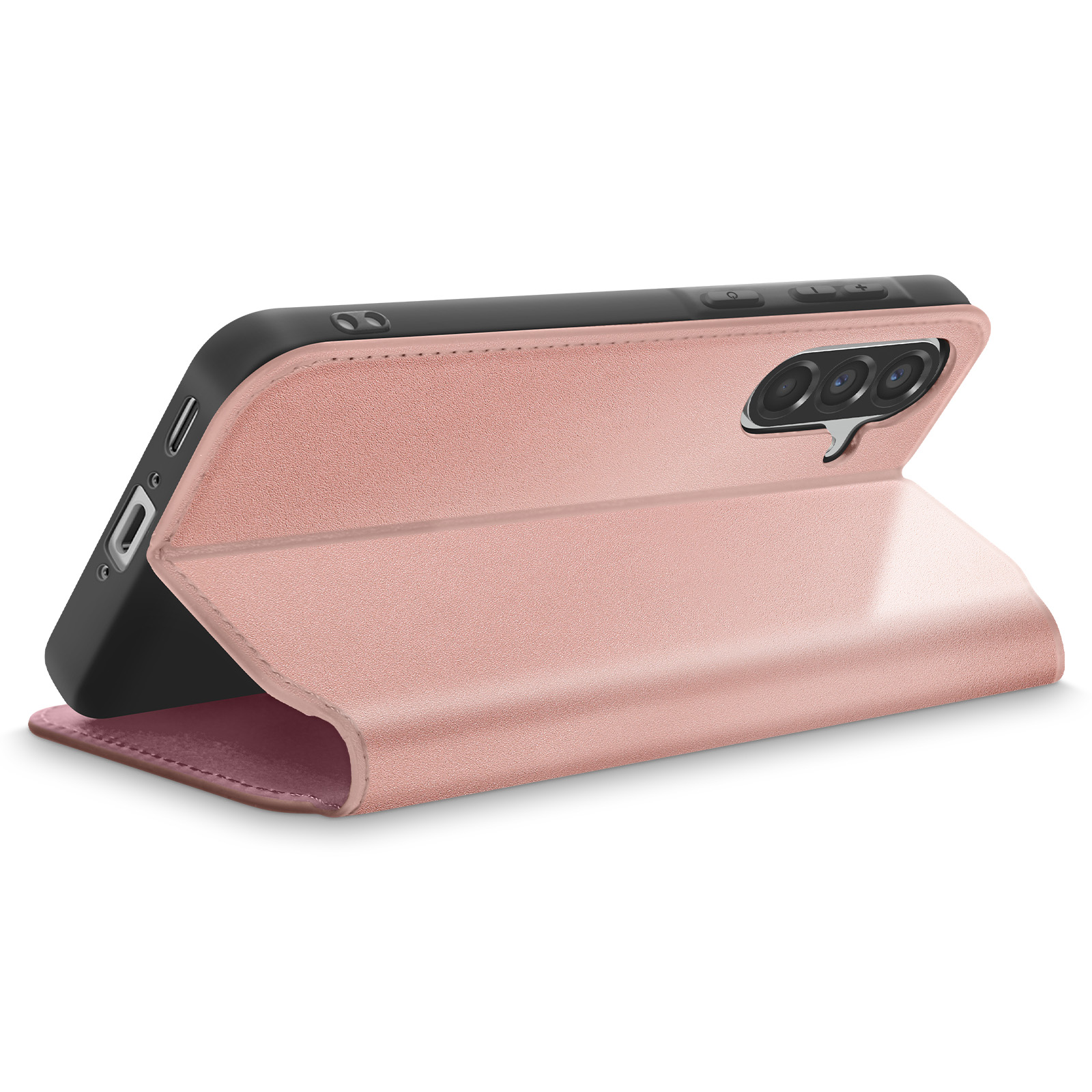Una funda de teléfono rosa está abierta, mostrando el teléfono. El teléfono tiene un marco negro y tres cámaras.