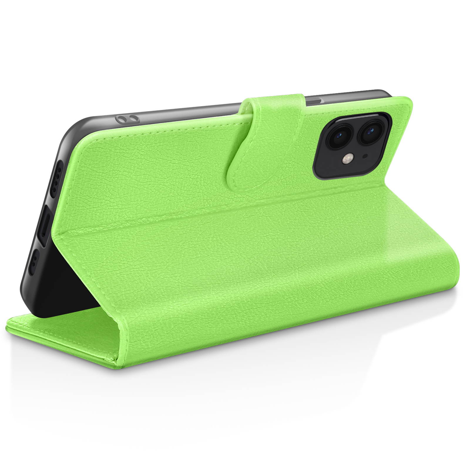 Un étui de téléphone vert avec un téléphone à l'intérieur. L'étui est ouvert, montrant l'écran et la caméra du téléphone.