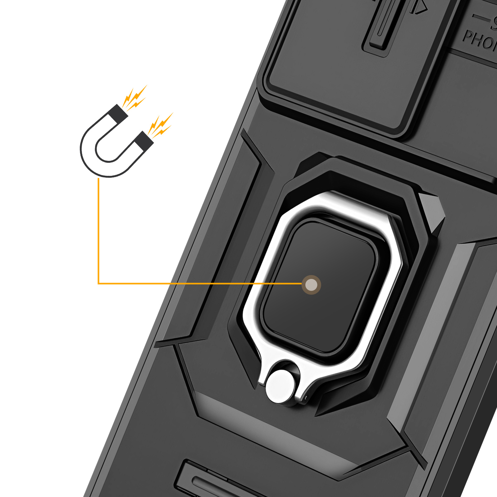 Gros plan sur un étui de téléphone noir avec un support d'anneau argenté. Graphique d'aimant en haut à gauche.