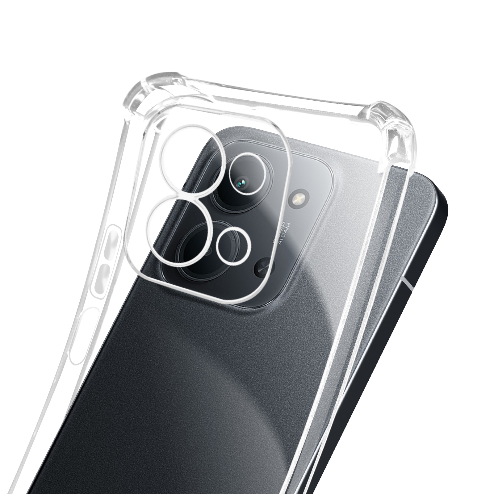 Eine transparente Handyhülle bedeckt ein schwarzes Smartphone. Die Hülle hebt die Kameralinsen hervor.