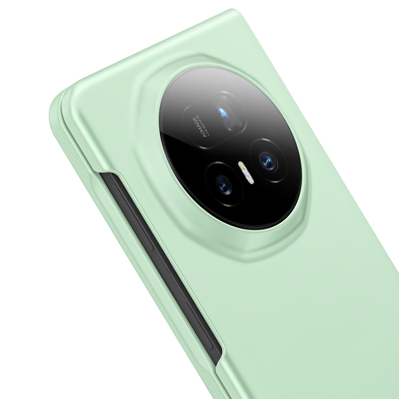 Gros plan sur une coque de téléphone vert menthe avec un module caméra noir. La coque a une finition brillante et un côté noir.