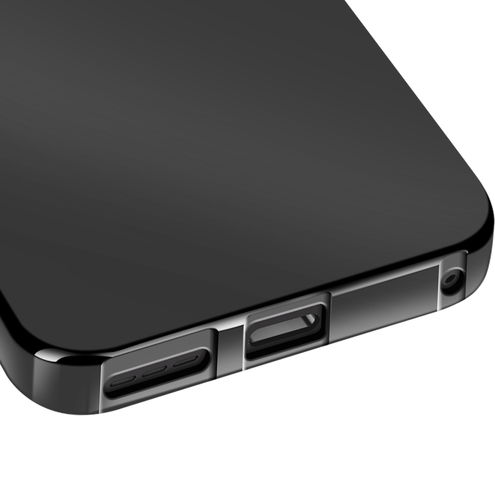 Close-up van een zwarte telefoon. Toont oplaadpoort, luidsprekergaten en de gebogen rand. Witte achtergrond.