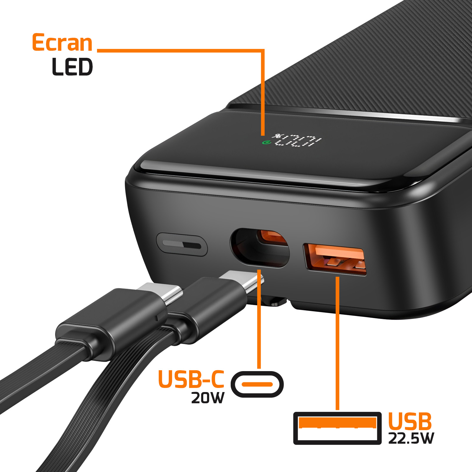Schwarze Powerbank mit USB- und USB-C-Anschlüssen. Kabel angeschlossen. LED-Bildschirm zeigt einen Prozentsatz an.