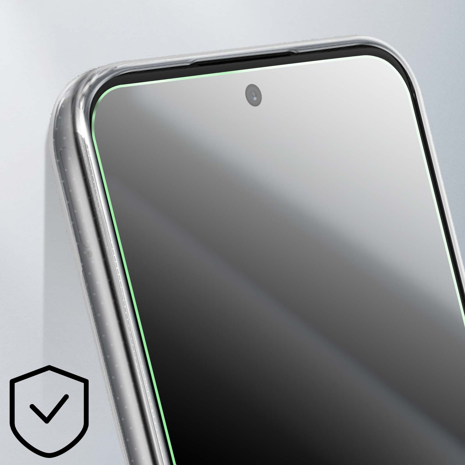 Nahaufnahme eines Telefonbildschirms mit Schutzhülle. Der Bildschirm ist grau, die Hülle transparent.