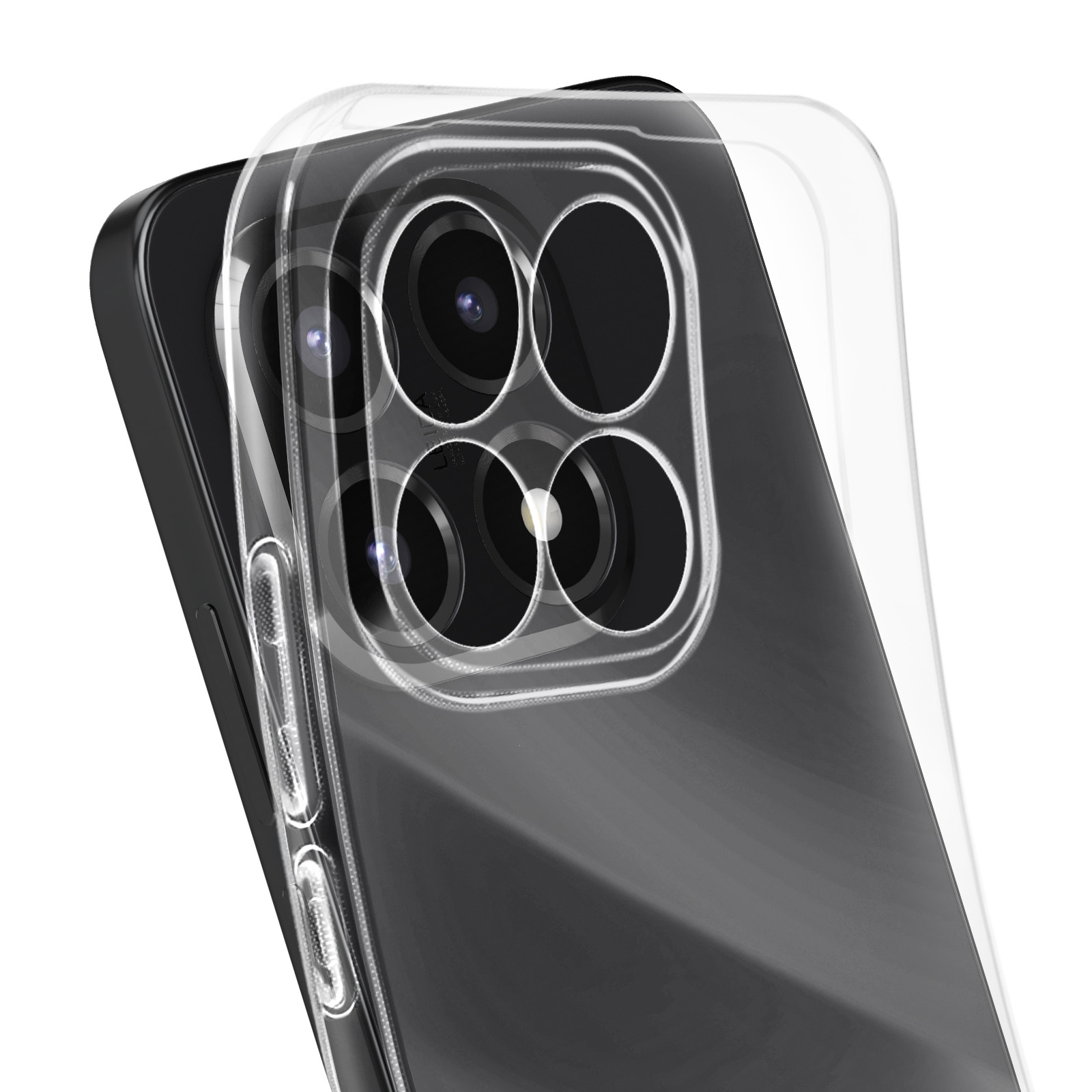 Primo piano di un telefono nero con custodia trasparente. Obiettivi della fotocamera visibili. Sfondo bianco.