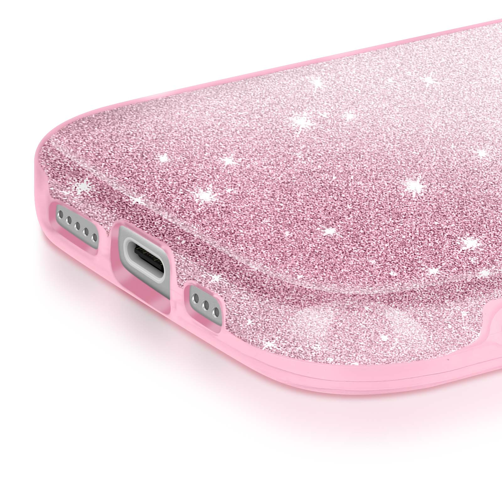 Close-up van een roze glitter telefoonhoesje. Het heeft poorten en openingen. De achtergrond is wit.