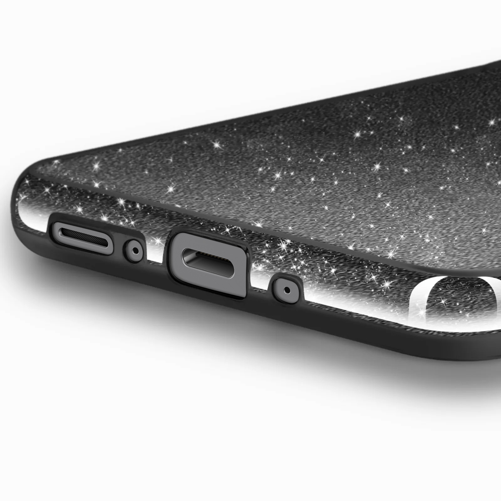 Gros plan sur une coque de téléphone noire. Surface scintillante avec reflets en forme d'étoiles et découpes.
