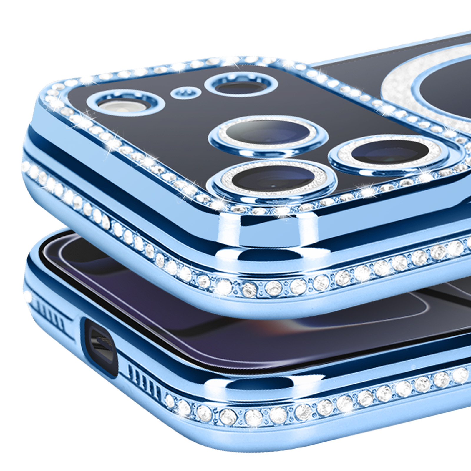 Gros plan de deux coques de téléphone bleues, l'une sur l'autre, avec des strass sur les bords et des trous pour l'appareil photo.