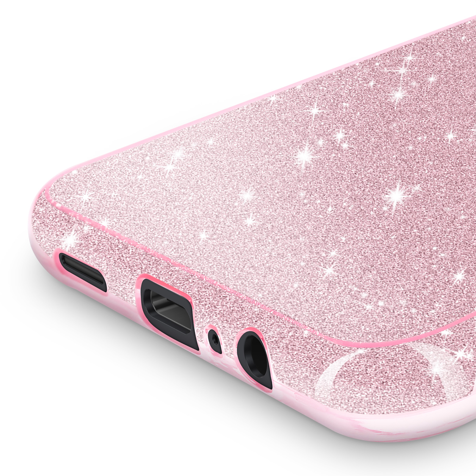 Gros plan sur une coque de téléphone rose pailletée avec des découpes pour les ports. Fond blanc.