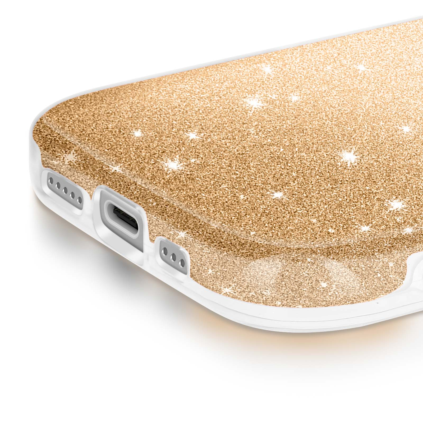 Close-up van een telefoonhoesje met gouden glitter en witte randen. De hoes heeft openingen voor poorten en knoppen.