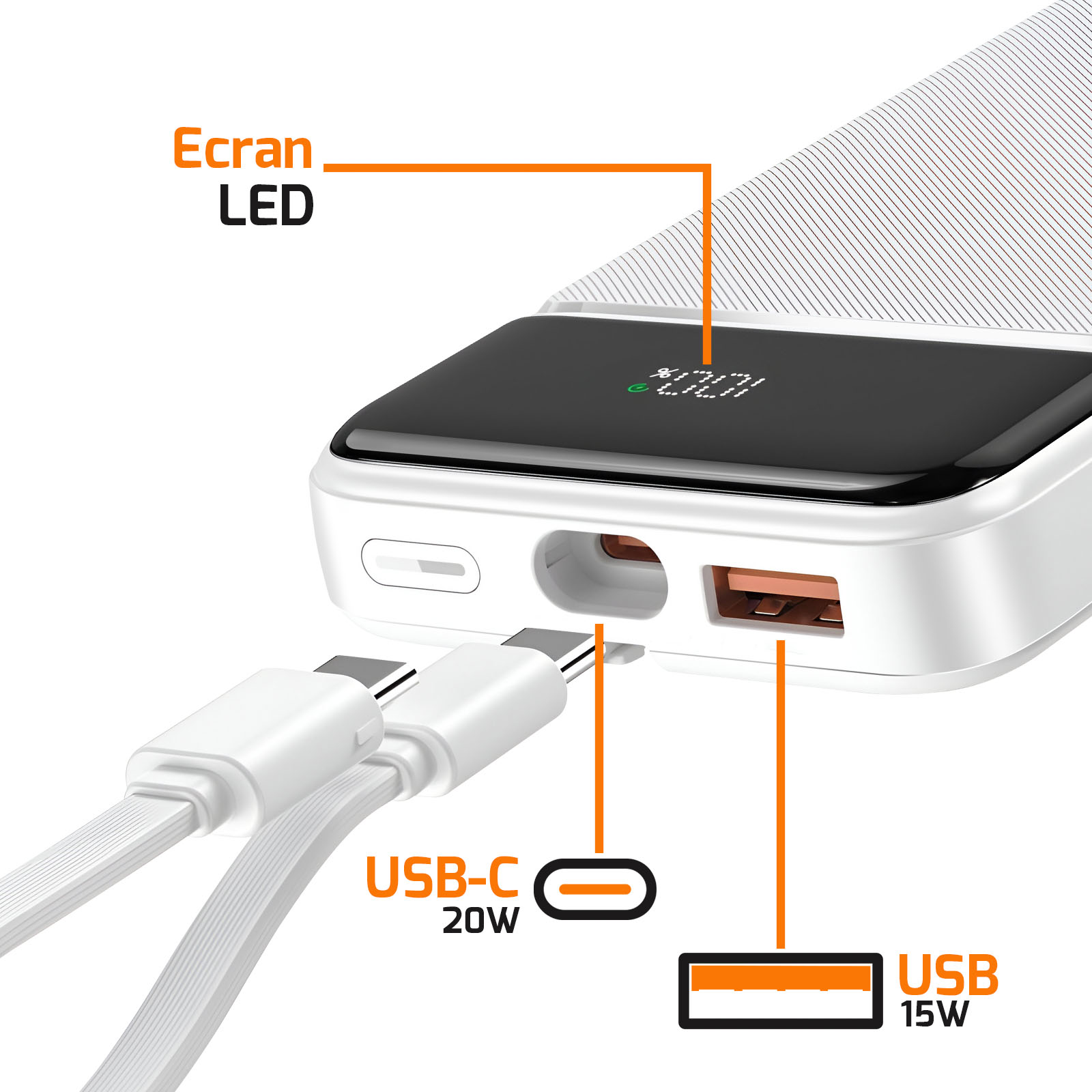 Une batterie externe blanche avec ports USB-C et USB. Les câbles sont connectés. L'écran LED affiche un pourcentage.