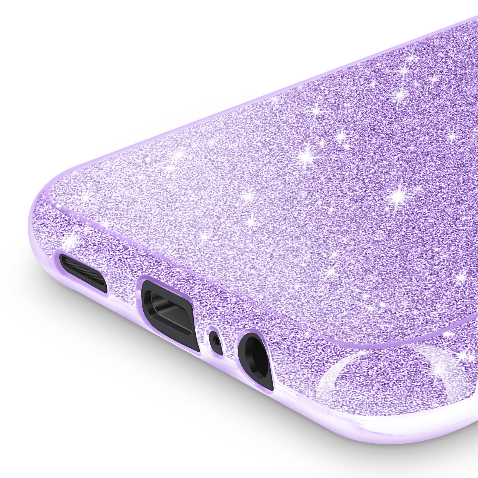 Close-up van een sprankelende lavendelkleurige telefoonhoes. Toont poorten en randen van de telefoon, op een witte achtergrond.