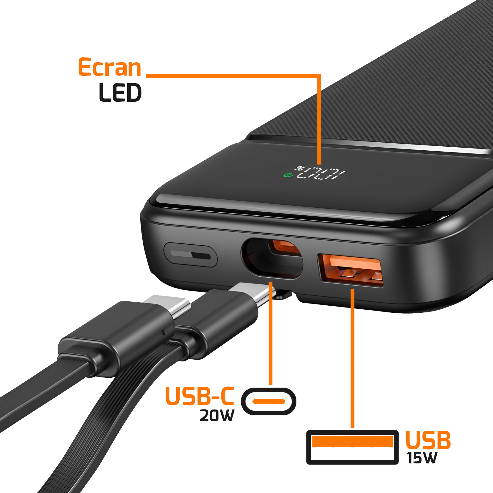 Batería externa negra con puertos USB-C y USB. Cables conectados. La pantalla LED muestra un porcentaje. Etiquetas: USB, USB-C.