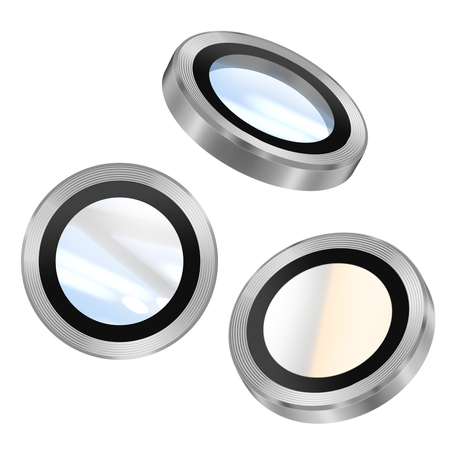 Drie metalen lenselementen op witte achtergrond. Elk heeft een cirkelvormig glas en een zwarte ring, met zilveren frames.