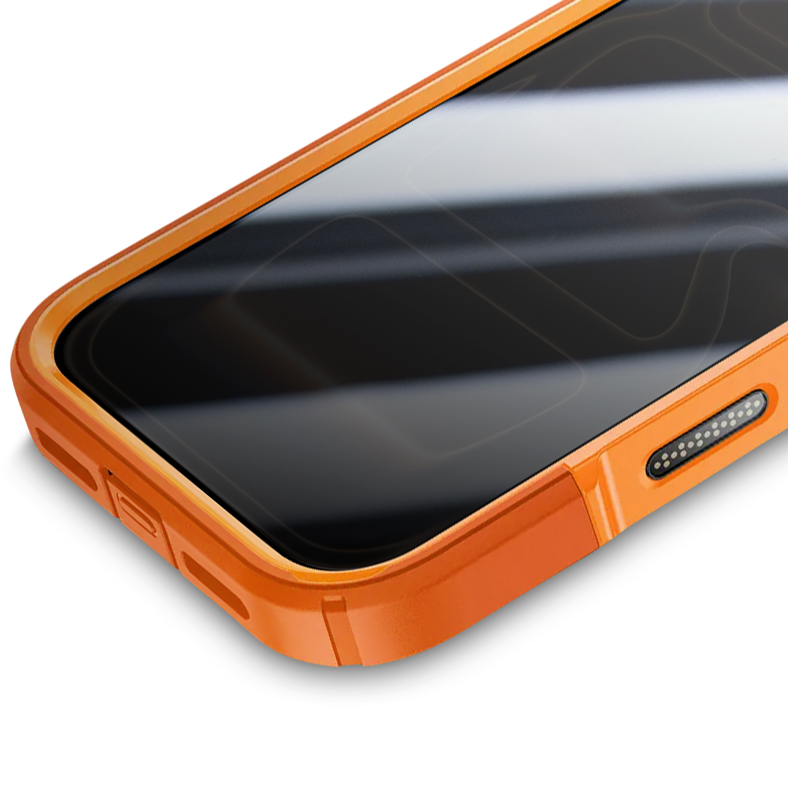 Close-up van een oranje telefoonhoesje met een zwart scherm. De hoes ligt op een witte ondergrond.