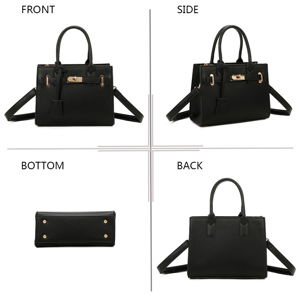 Eine schwarze Handtasche wird von vorne, von der Seite, von unten und von hinten gezeigt. Sie hat Henkel, einen Schultergurt und goldfarbene Beschläge.
