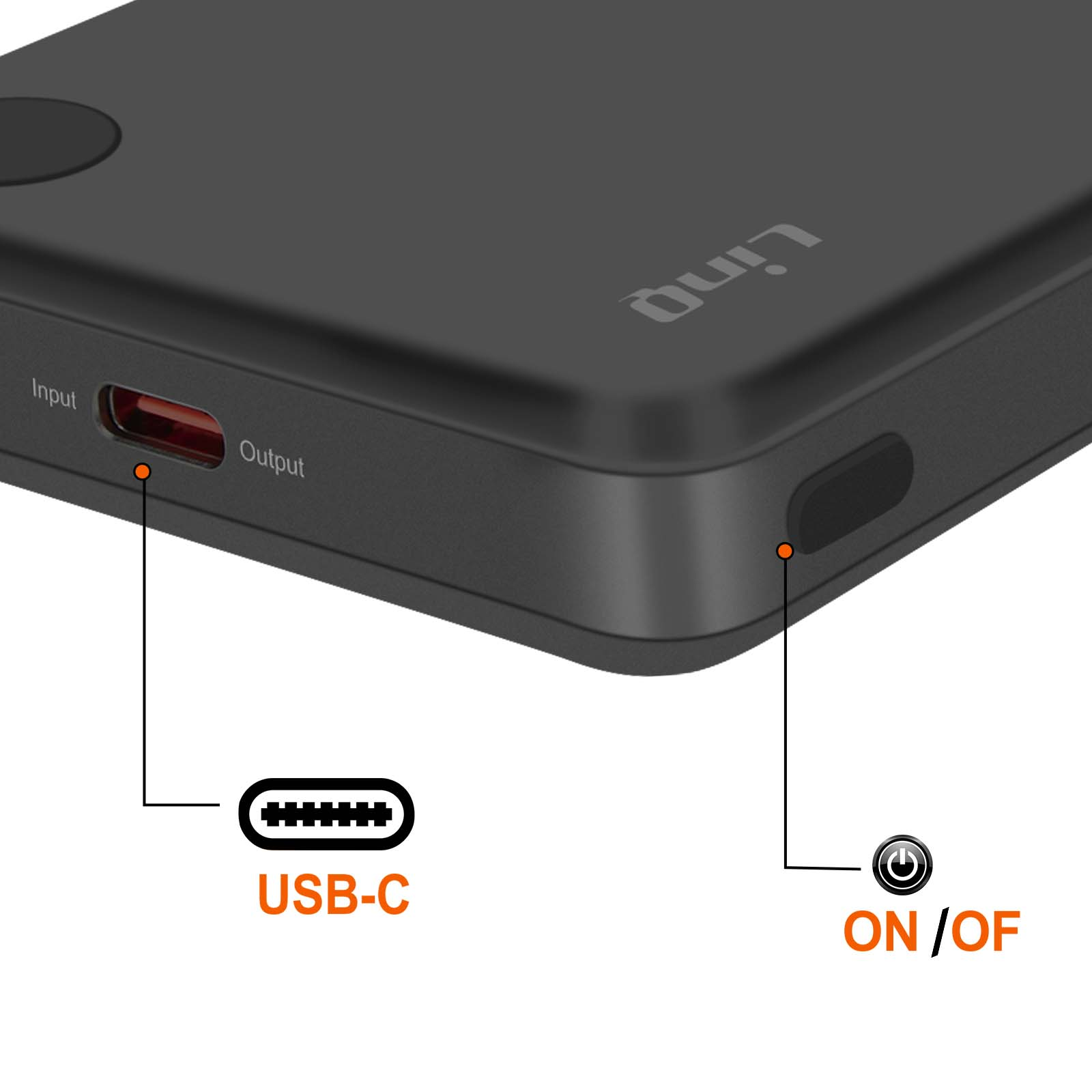 Batería externa negra con USB-C y ENCENDIDO/APAGADO. Entradas y salidas etiquetadas. La marca es 'Linq'.