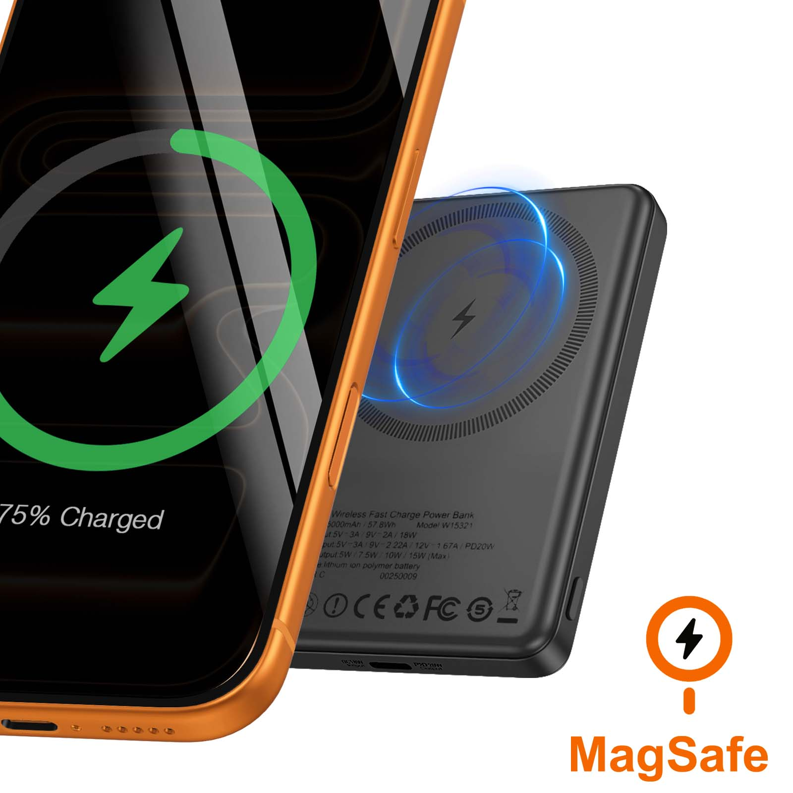 Teléfono cargando de forma inalámbrica en un banco de energía. El teléfono muestra un símbolo de carga. MagSafe está escrito abajo.
