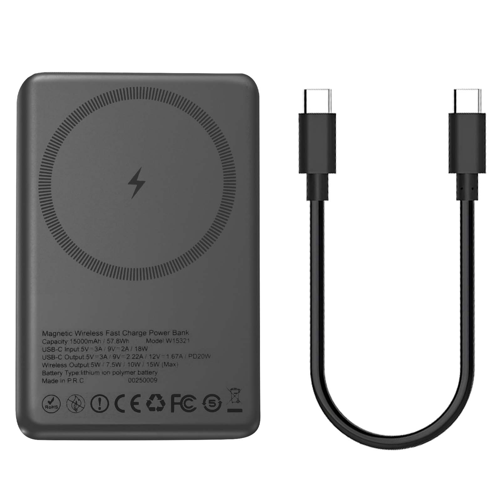 Un banco de energía gris oscuro con un símbolo de rayo y dos cables USB-C negros. El banco tiene texto y logotipos.