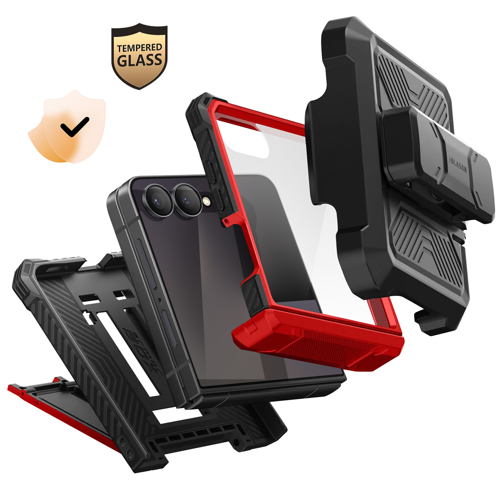 Een telefoonhoesje wordt weergegeven, met lagen en componenten. Zwart en rood zijn zichtbaar. 'Tempered Glass'-logo aanwezig.