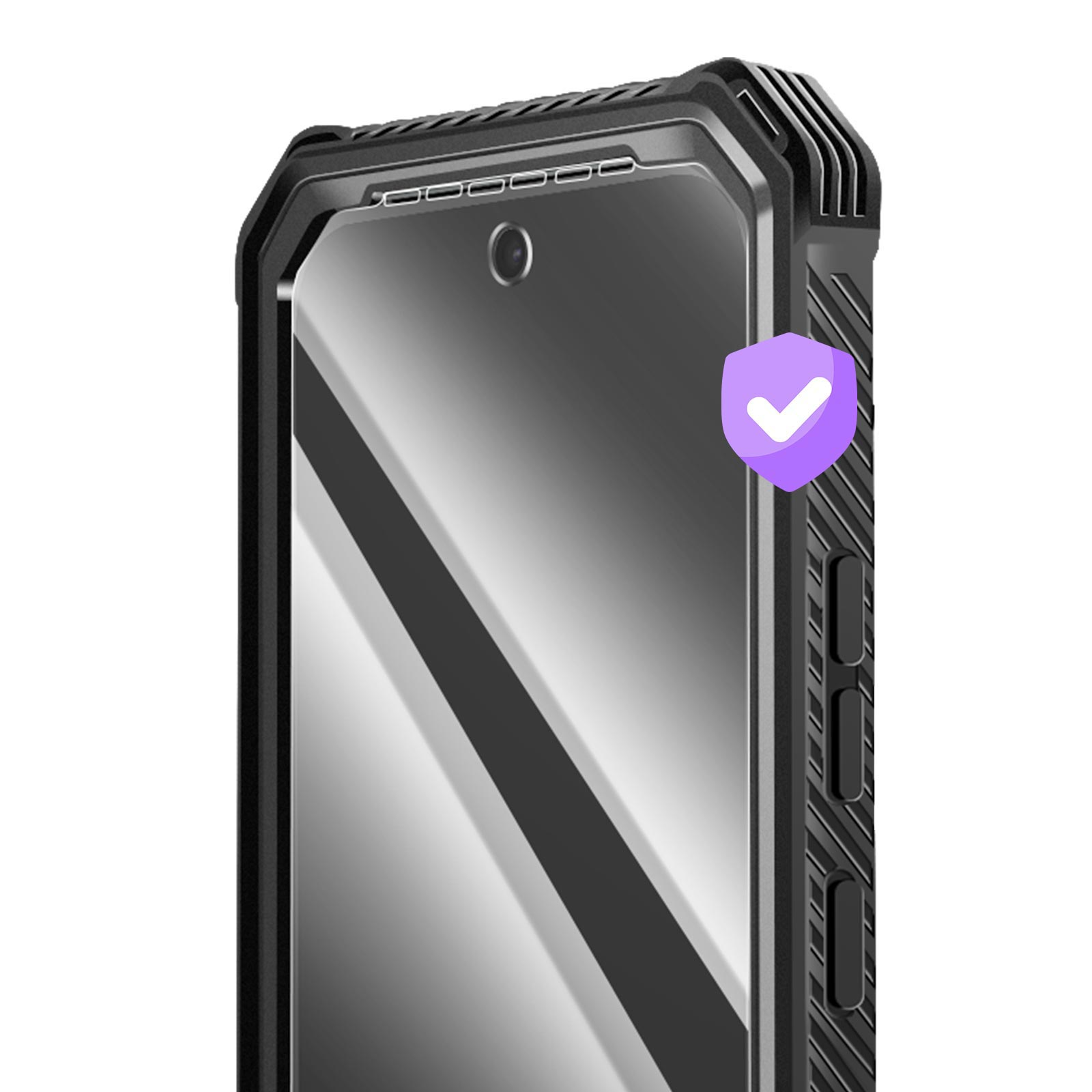 Primo piano di una custodia nera per telefono con protezione schermo, fotocamera e icona scudo viola.