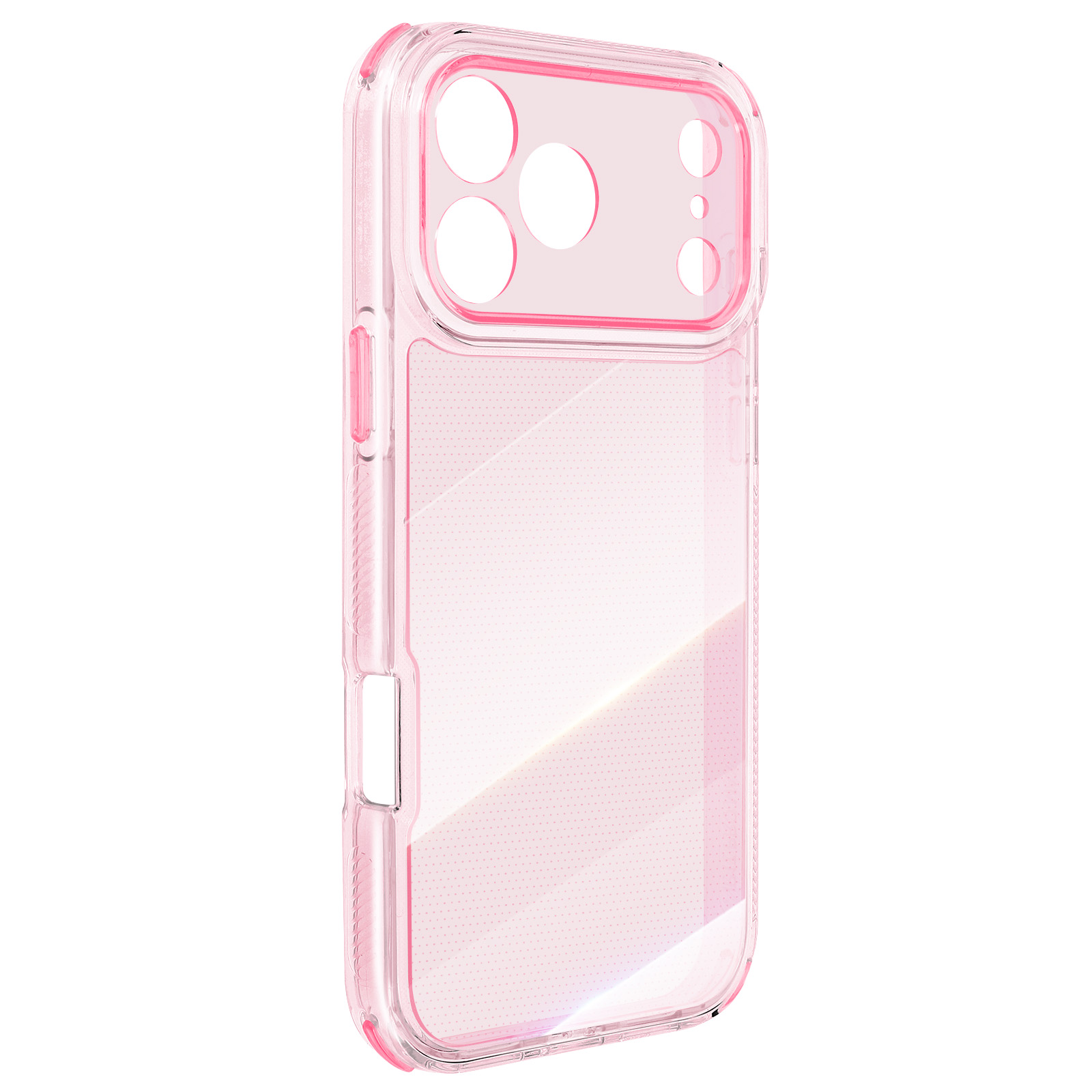 Une coque de téléphone rose transparente. Elle a un bord rose autour des trous de l'appareil photo. La coque est transparente avec une texture pointillée.