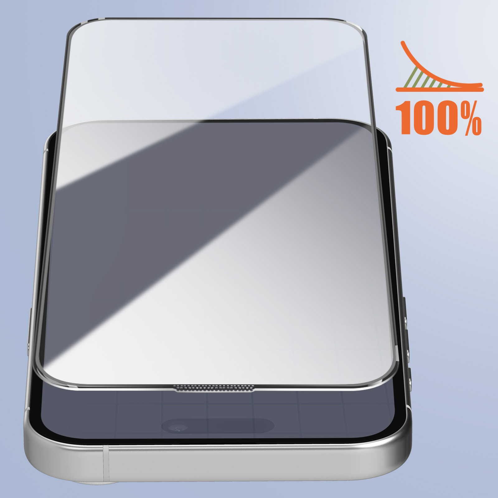 Un telefono con protezione schermo. Grafica arancione 100%. Sfondo blu chiaro. Cornice del telefono metallica.