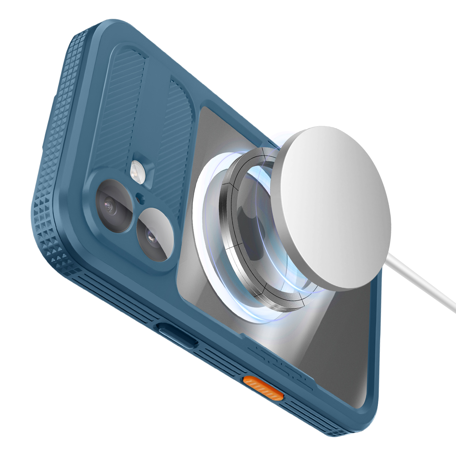 Custodia blu per telefono con dispositivo di ricarica bianco. La custodia ha lenti per fotocamera. Sfondo bianco.