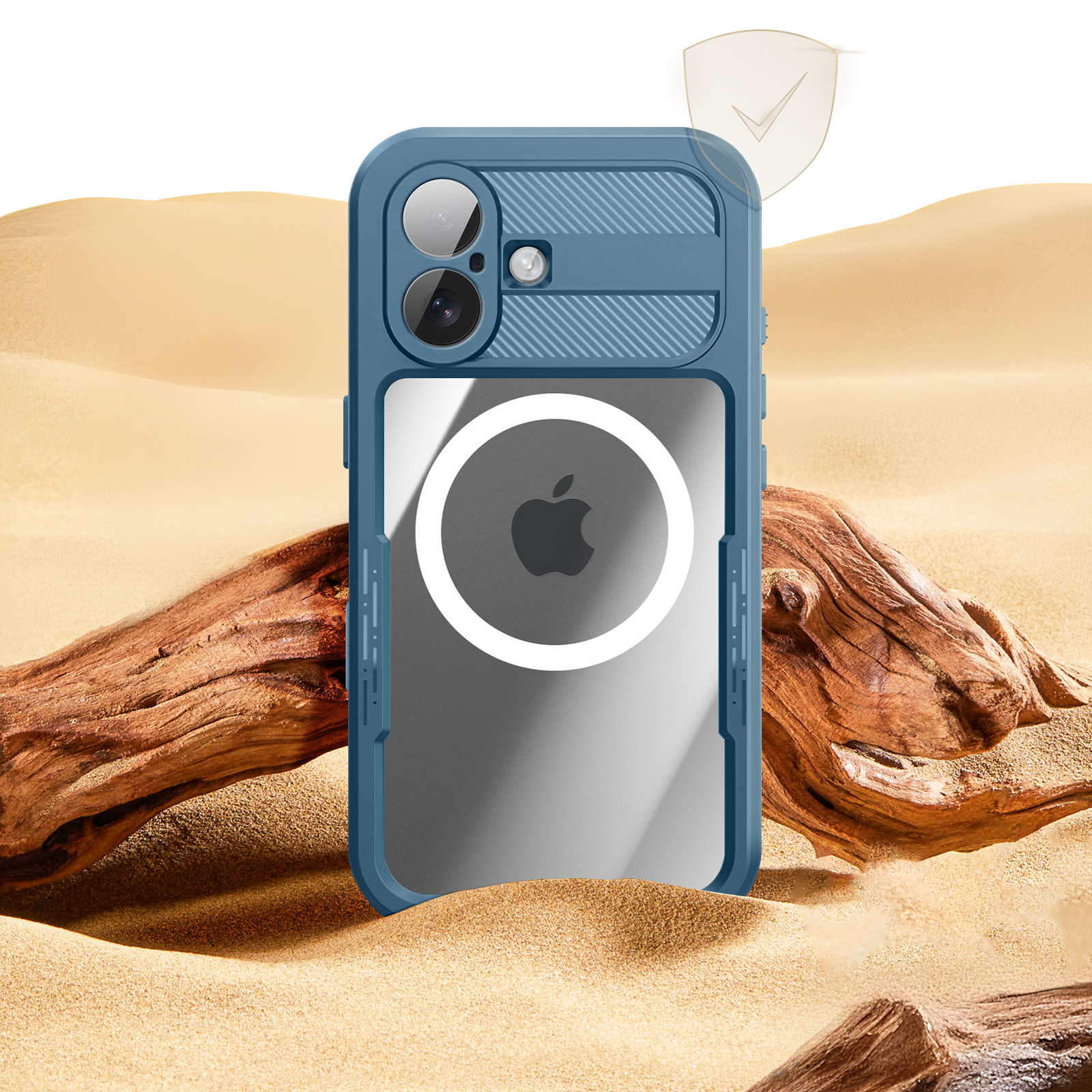Custodia blu per telefono con logo Apple, sfondo sabbioso e pezzo di legno.