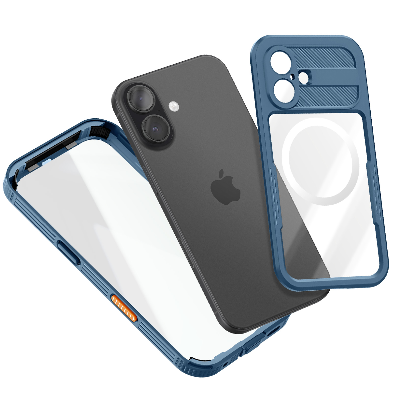 Un iPhone con retro nero e custodia protettiva blu a pezzi. Il retro ha il logo Apple e due obiettivi.