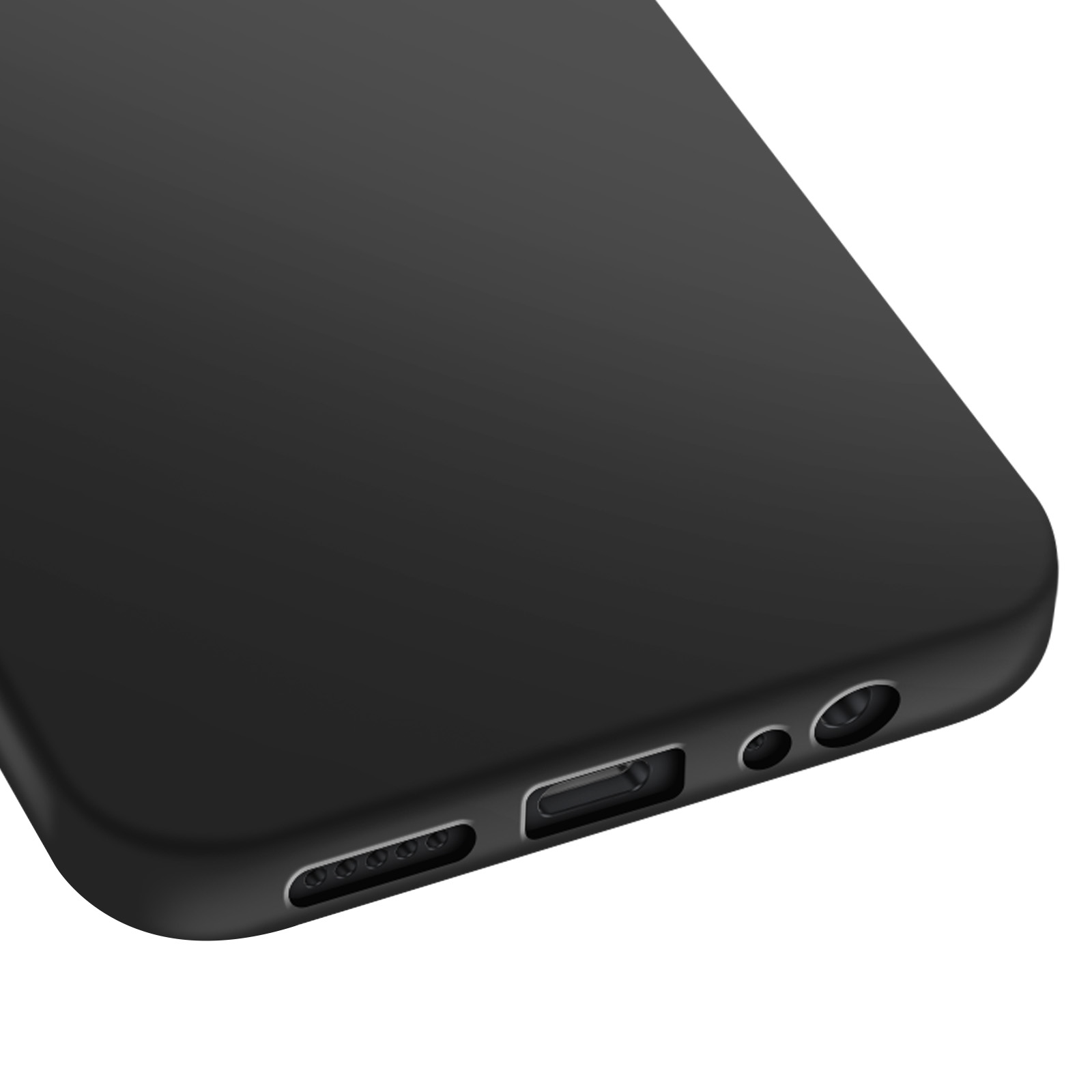 Gros plan sur une coque de téléphone noire. Des ports et des trous sont visibles sur le bord inférieur. Le fond est blanc.