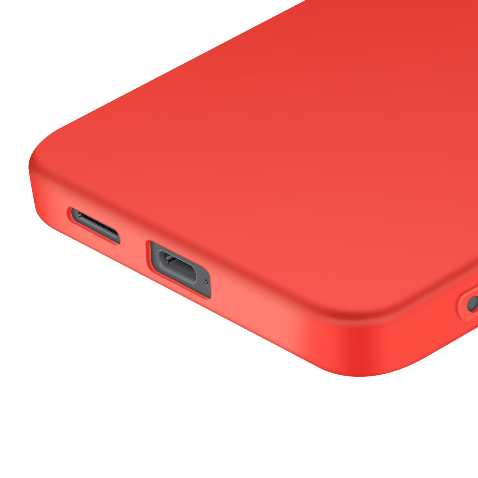 Primo piano di una custodia rossa per telefono con porta di ricarica e fori per altoparlanti, su sfondo bianco.