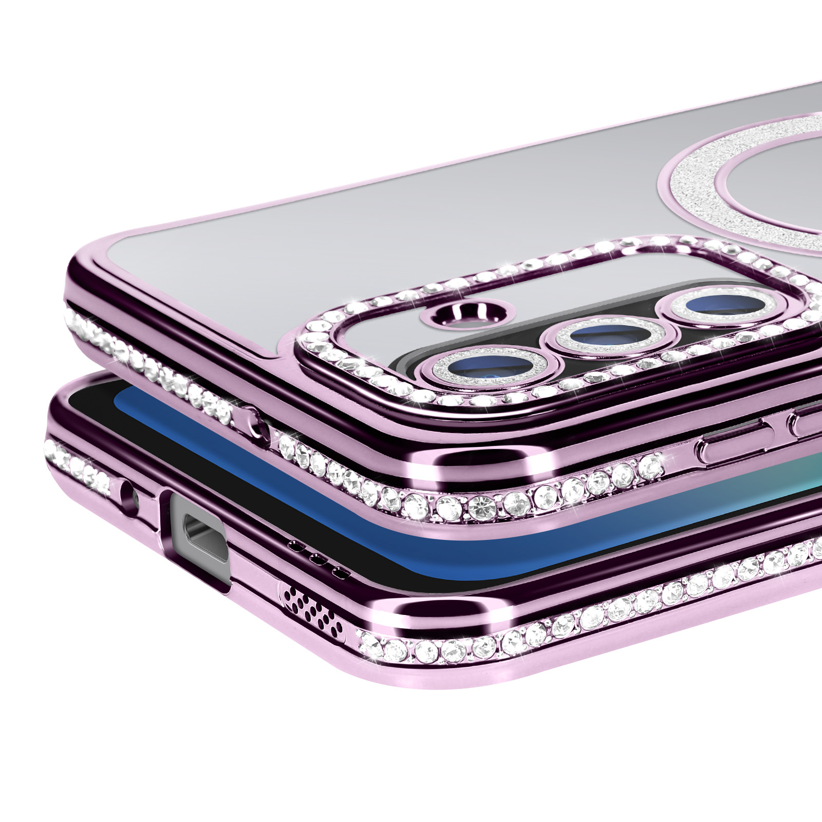 Gros plan d'une coque de téléphone avec des bords roses et des strass incrustés. La coque est superposée.