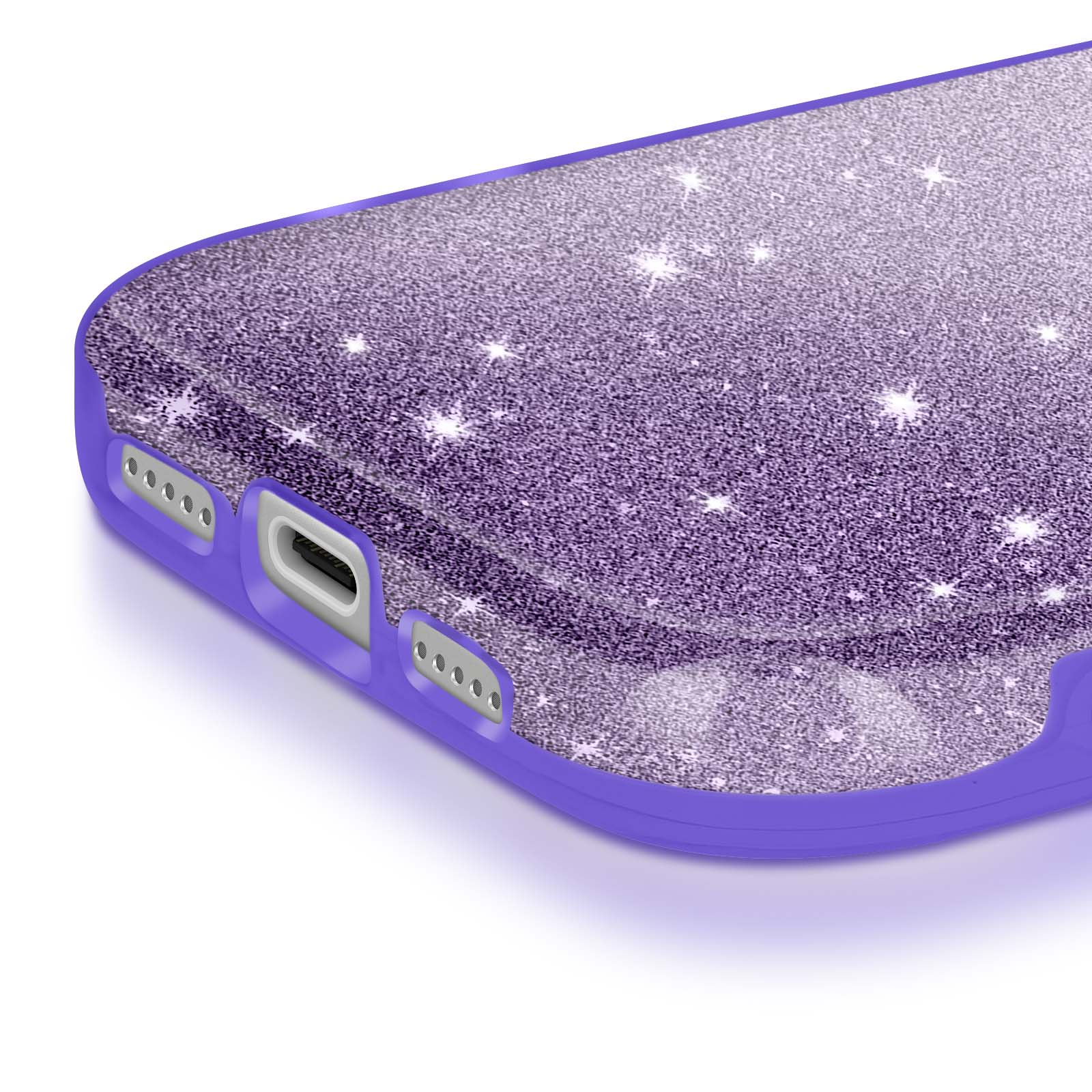 Een close-up van een paarse glitter telefoonhoes. De hoes heeft een glanzend oppervlak met stervormige highlights en een paarse rand.