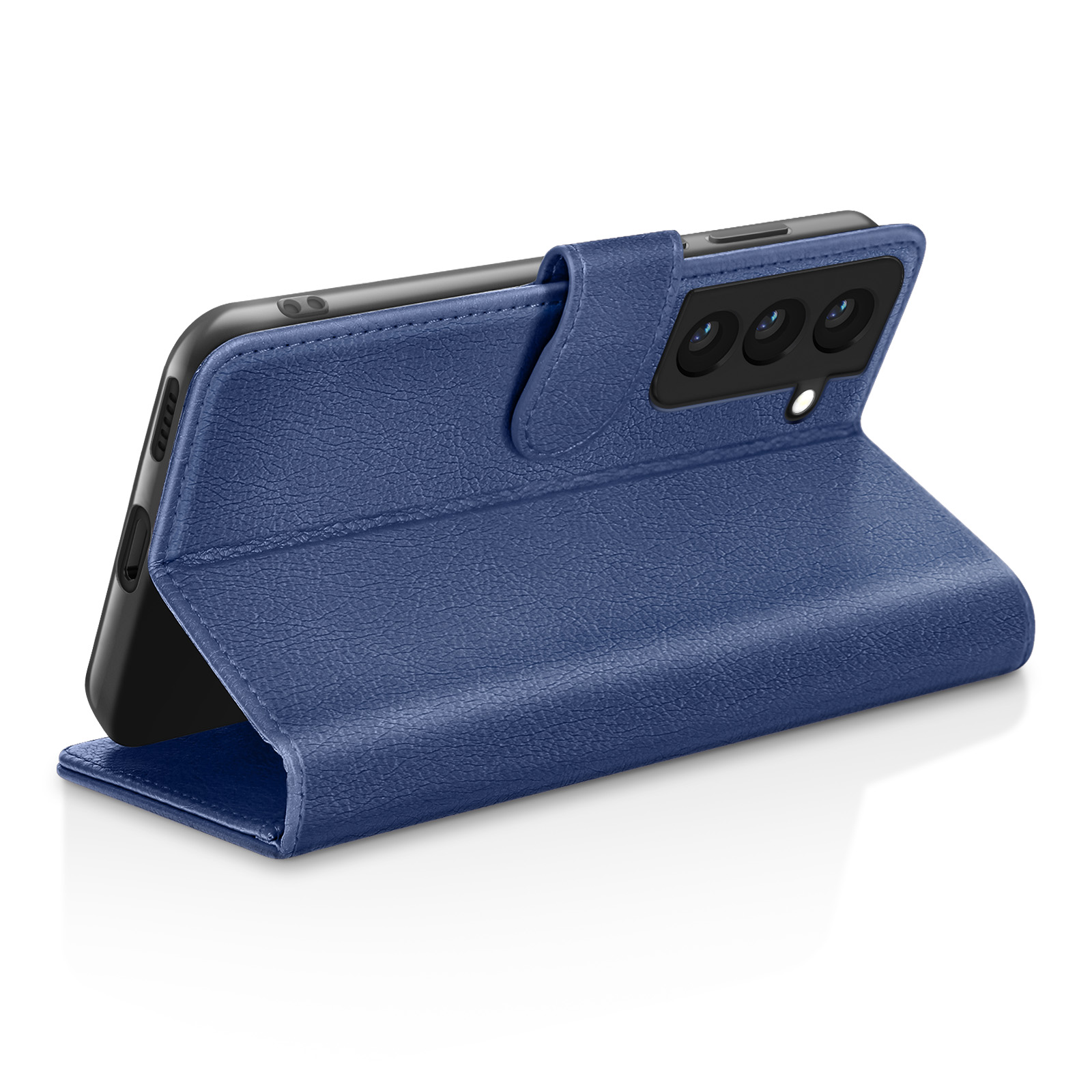 Étui de téléphone en cuir bleu avec téléphone. L'étui est ouvert, montrant objectifs et écran du téléphone.