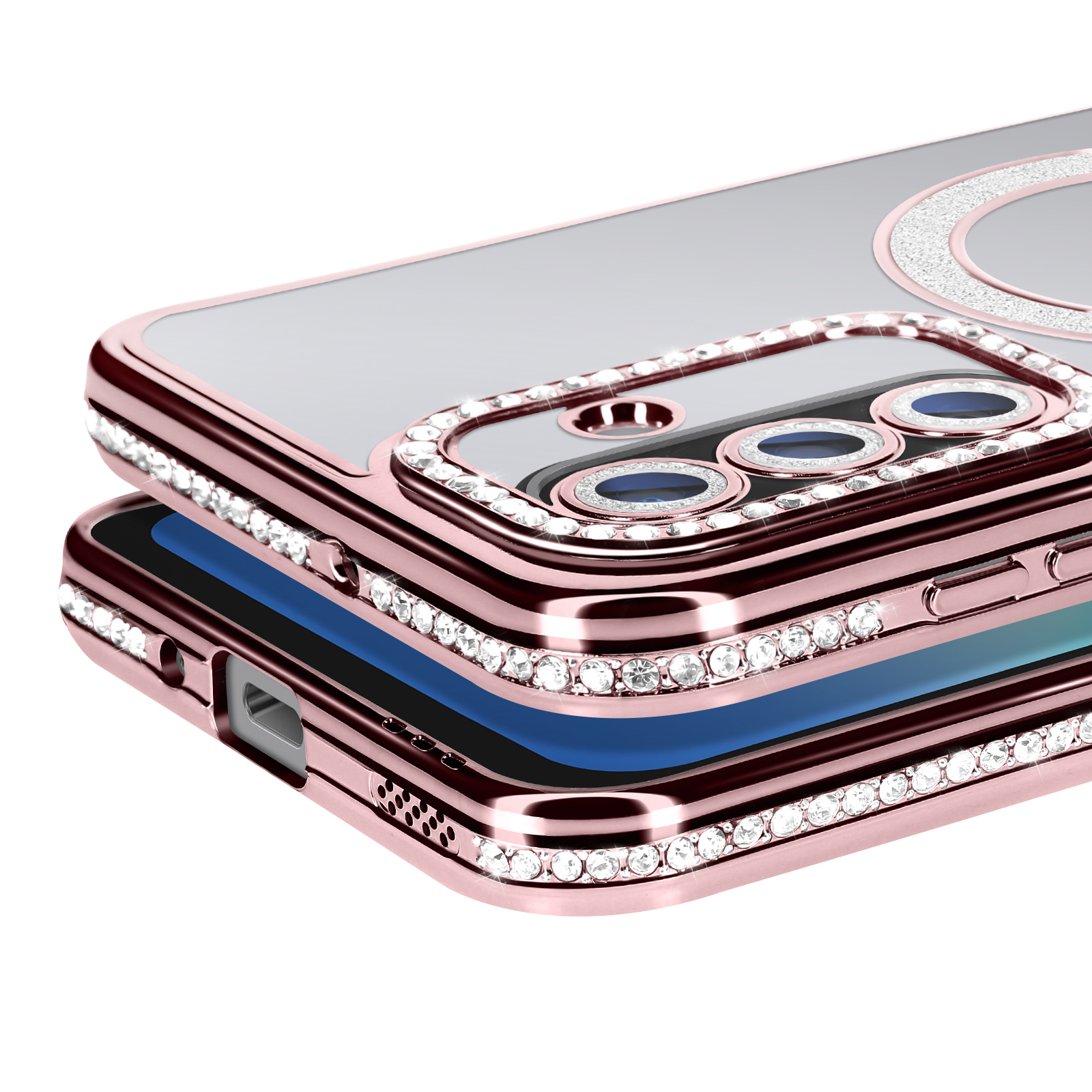 Une coque de téléphone or rose avec des strass, présentant des découpes pour l'appareil photo et un dos transparent, partiellement empilée.
