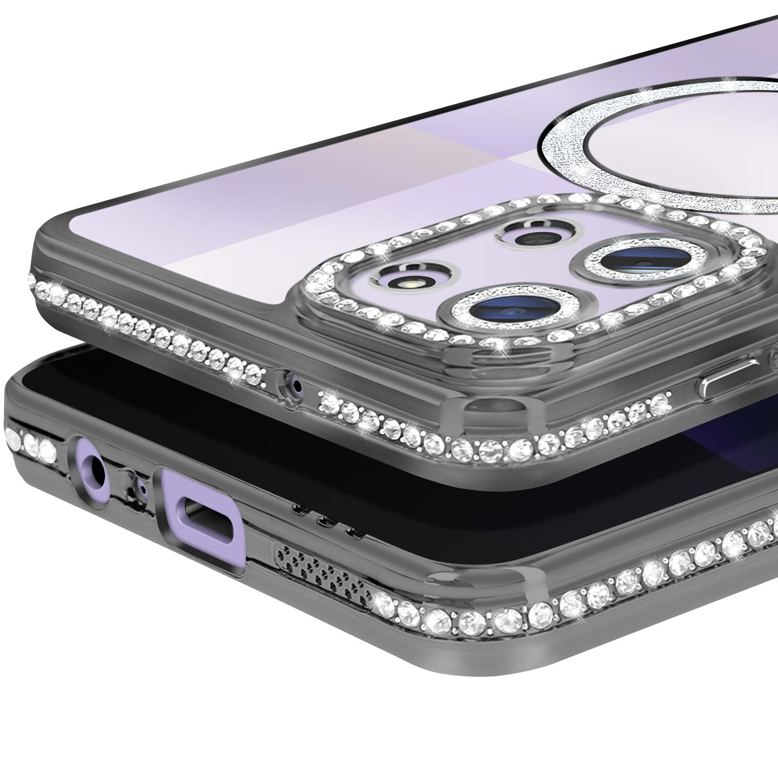Close-up van een telefoonhoesje met strass. De hoes is grijs met een paars camera-gedeelte en een ring van strass rond de camera.